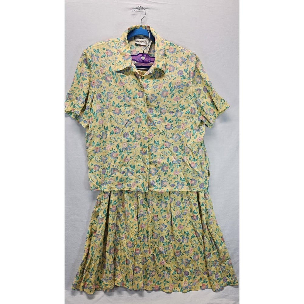Napa Valley Floral Skirt & Top Set Yellow Rayon Button Front Size M L